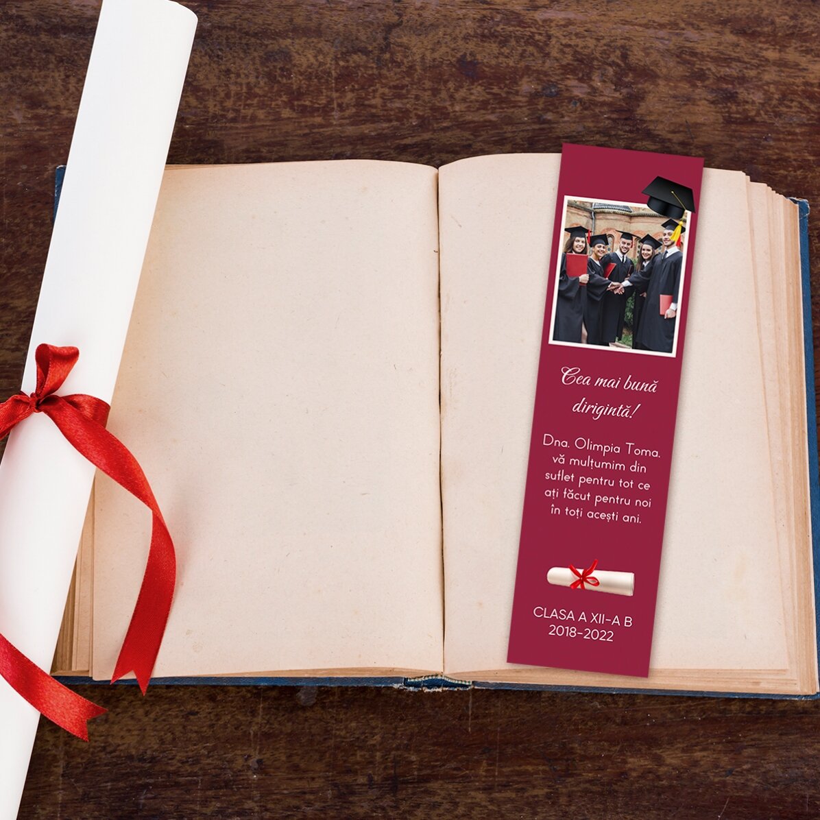 Marcapáginas personalizado con una foto y un mensaje - Graduación