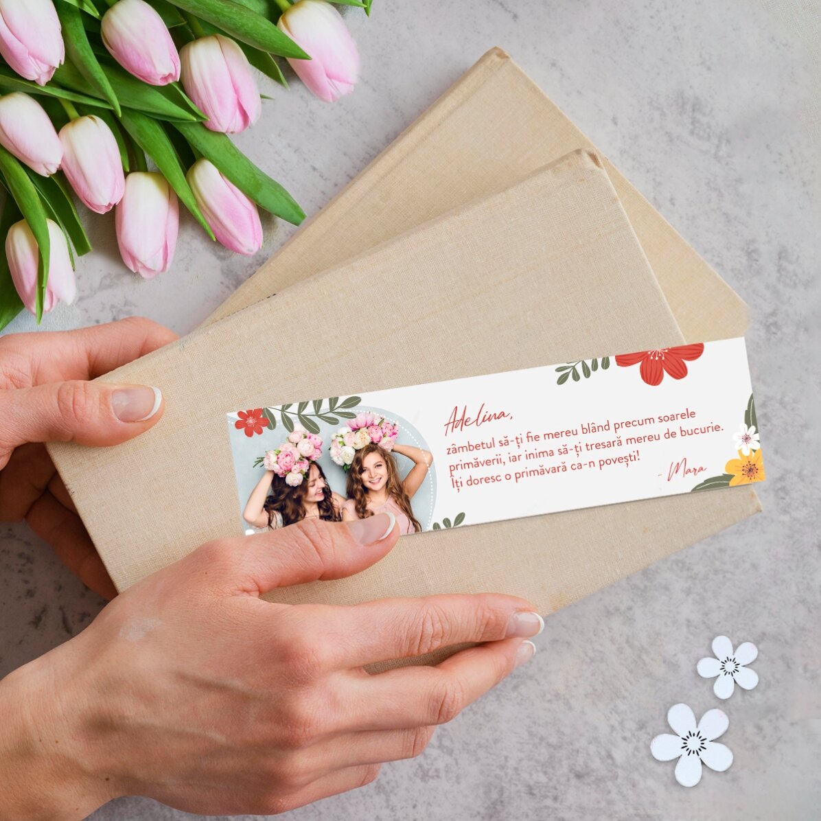 Marcapáginas personalizado con una foto y un mensaje - Primavera