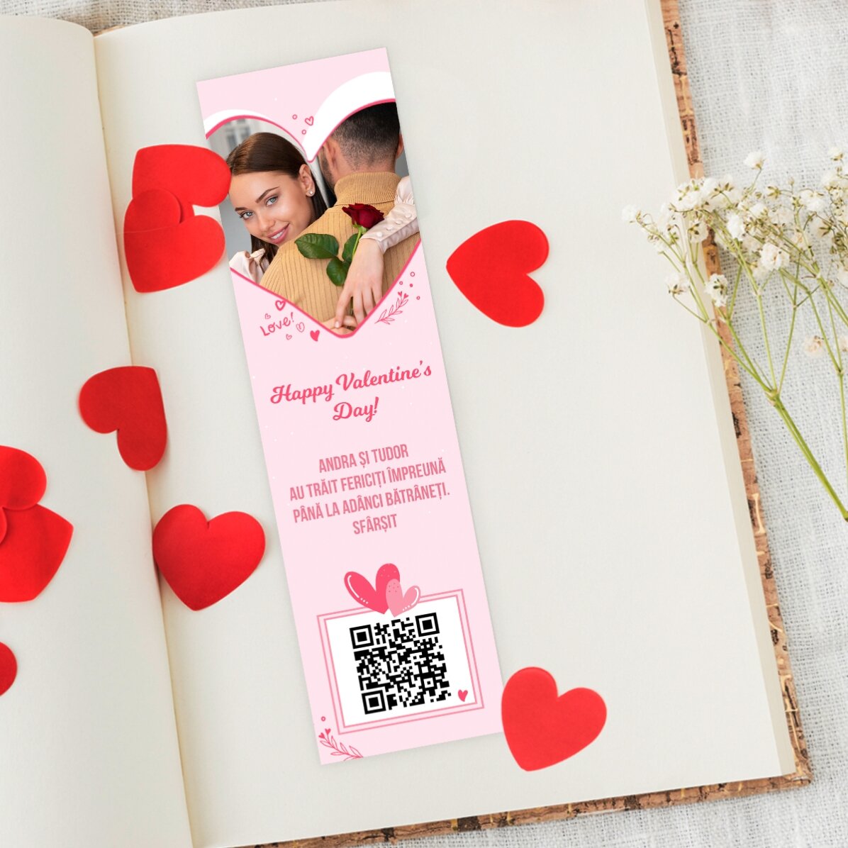 Marcapáginas personalizado con foto, texto y código QR - Love
