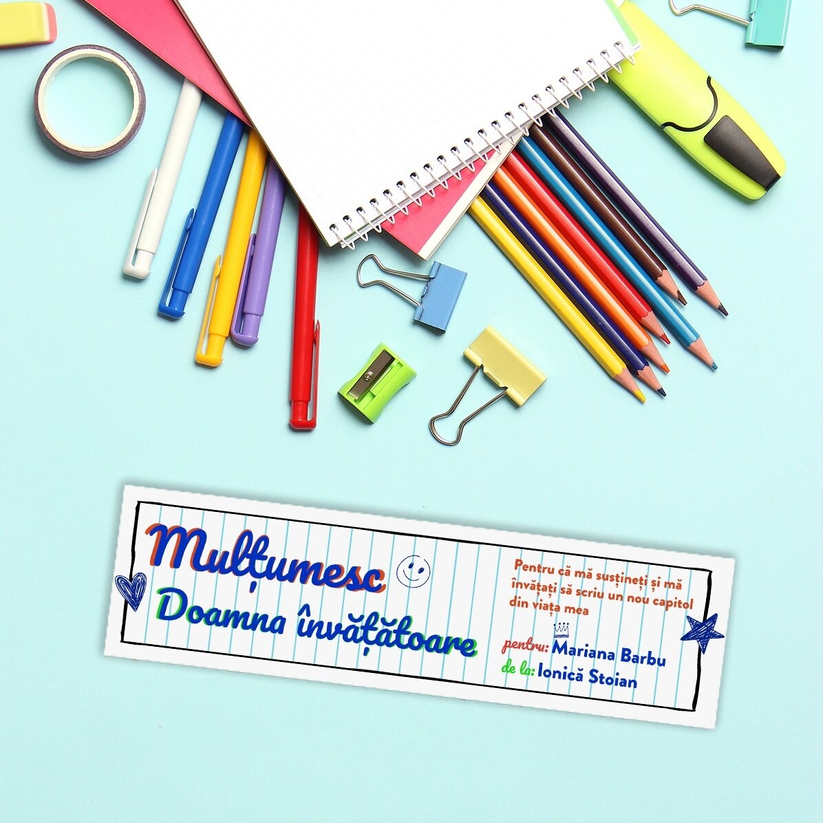 Marcapáginas personalizado con texto para una profesora - Papel de cuaderno