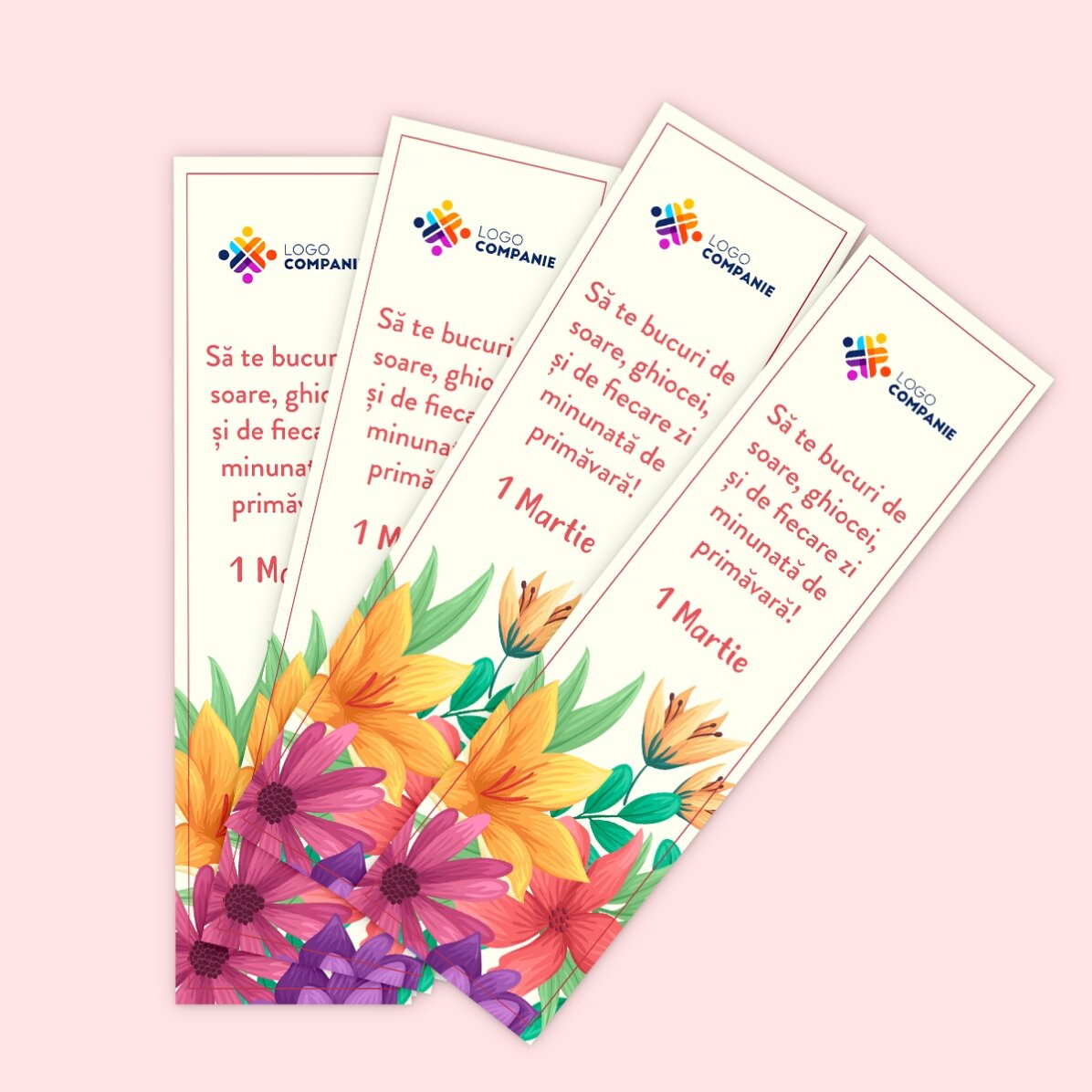 Marcapáginas personalizado con logotipo y mensaje primaveral
