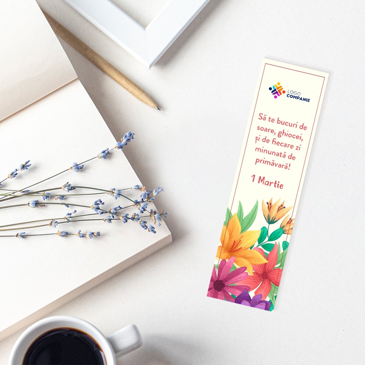 Marcapáginas personalizado con logotipo y mensaje primaveral
