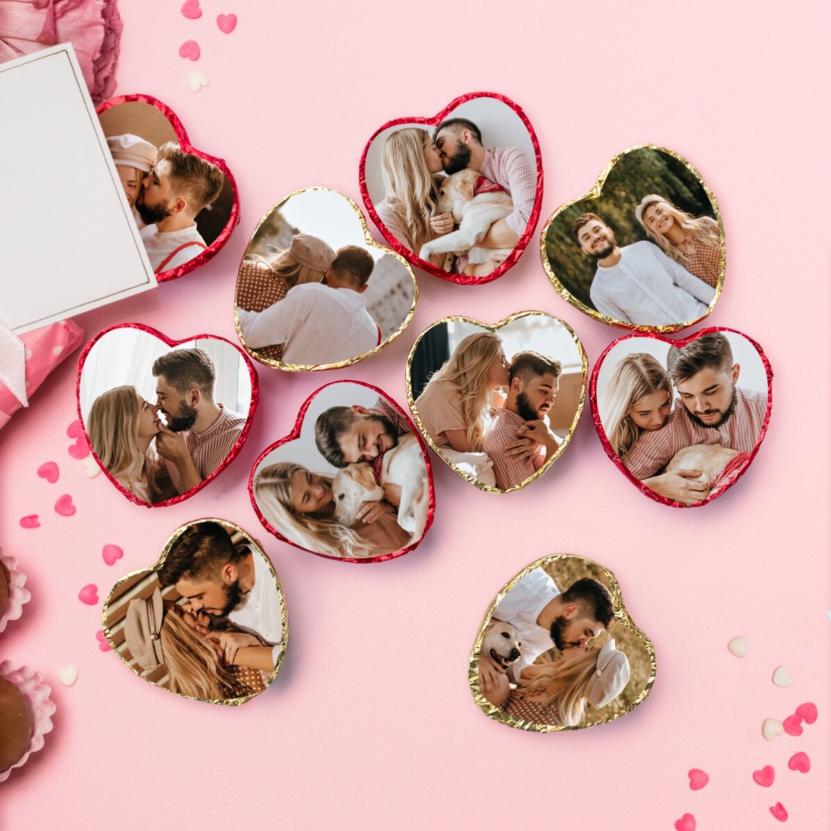 Lote de 10 mini bombones en forma de corazón personalizados con foto