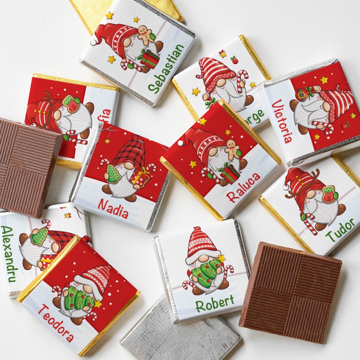 Lote de 10 minichocolates personalizados con nombre - Gnomos de Navidad
