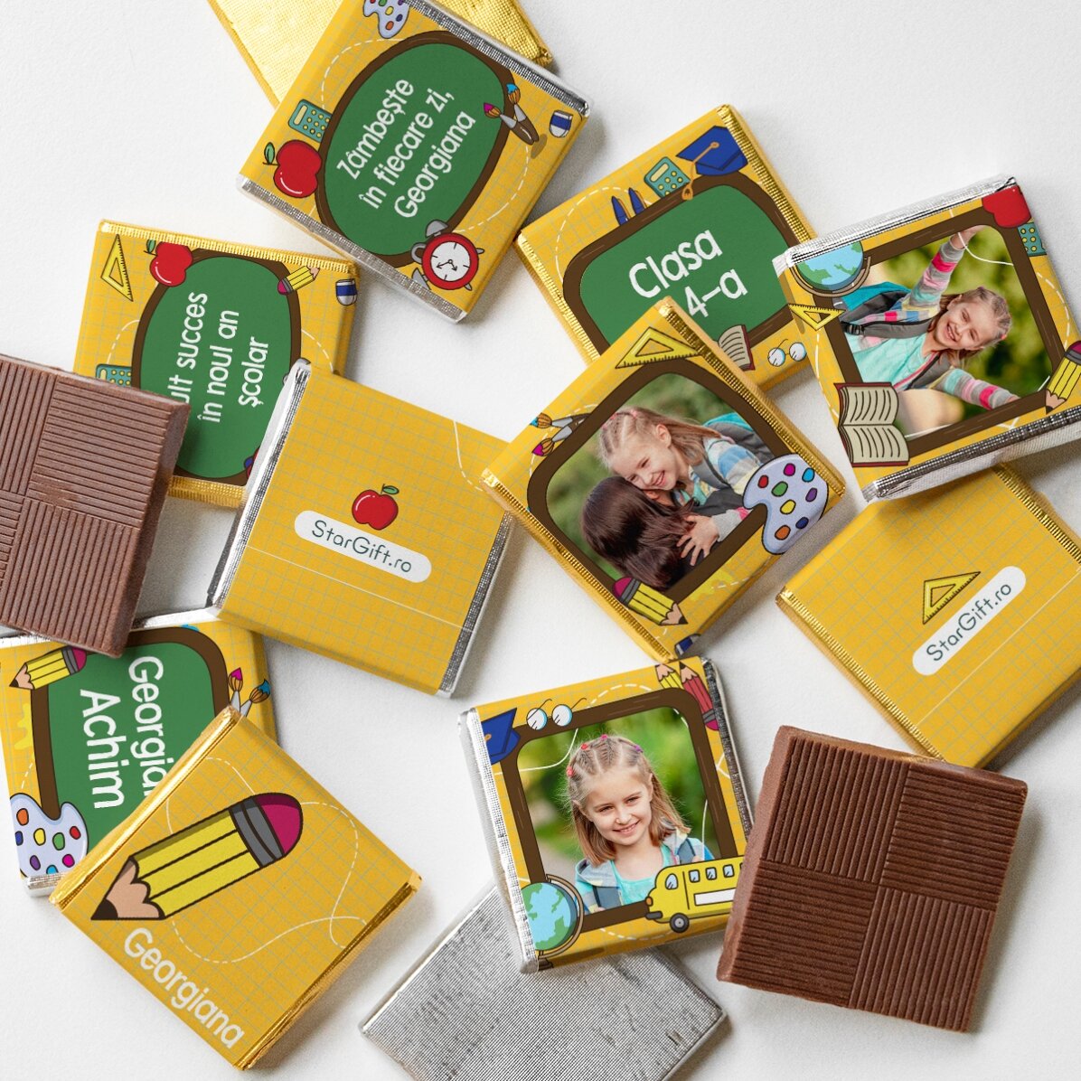 Lote de 10 minichocolates personalizados con fotos y texto para el inicio del curso escolar