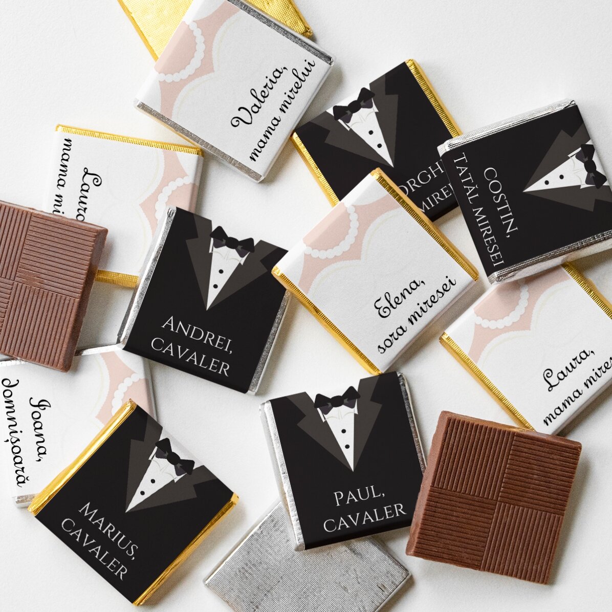 Lote de 10 minichocolates personalizados con texto: «Mr and Mrs»