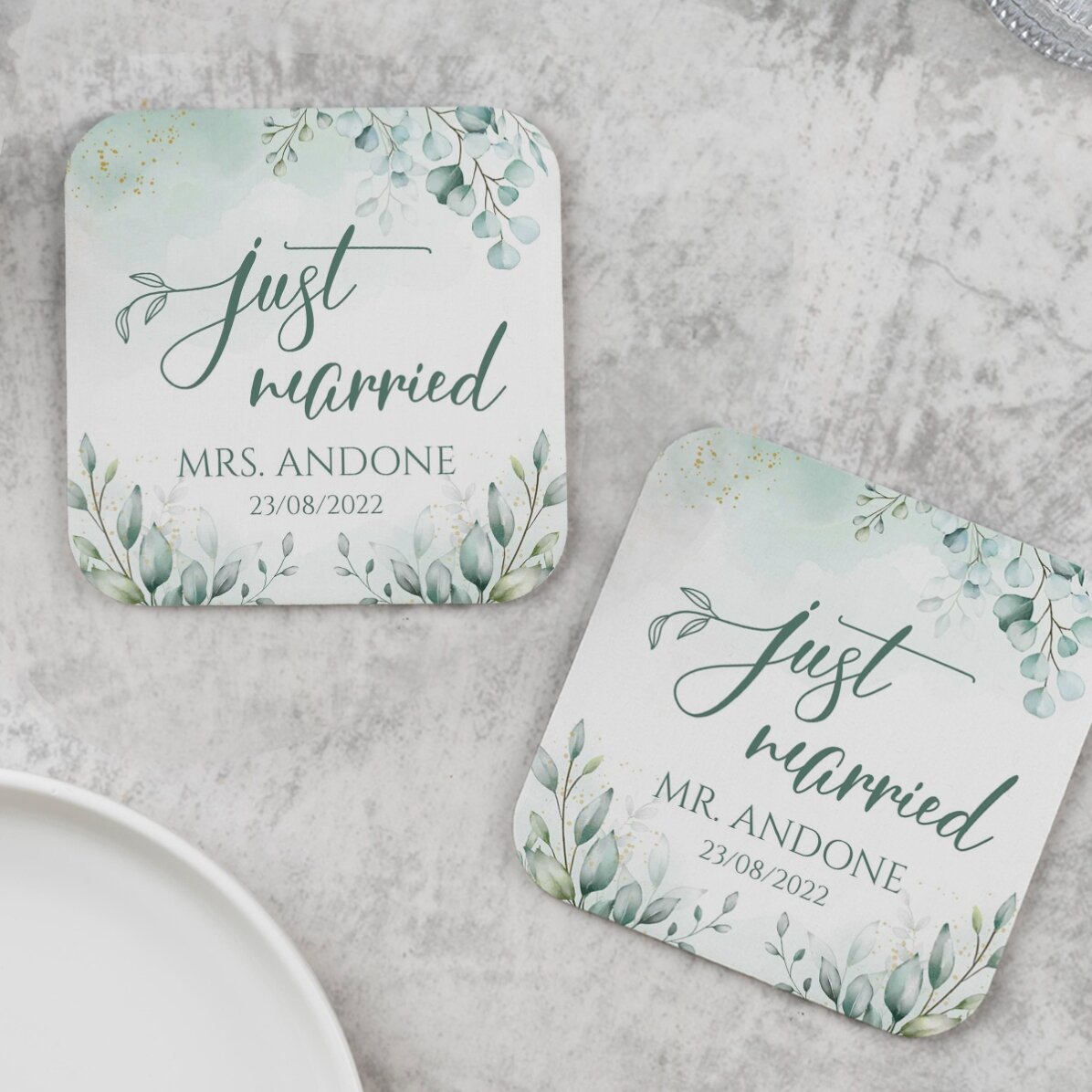 Lote de 2 posavasos personalizados con el texto «Just Married Elegance»