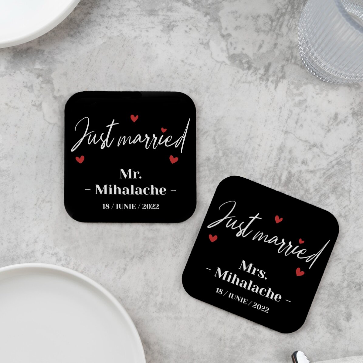 Lote de 2 posavasos personalizados con el texto «Just Married»
