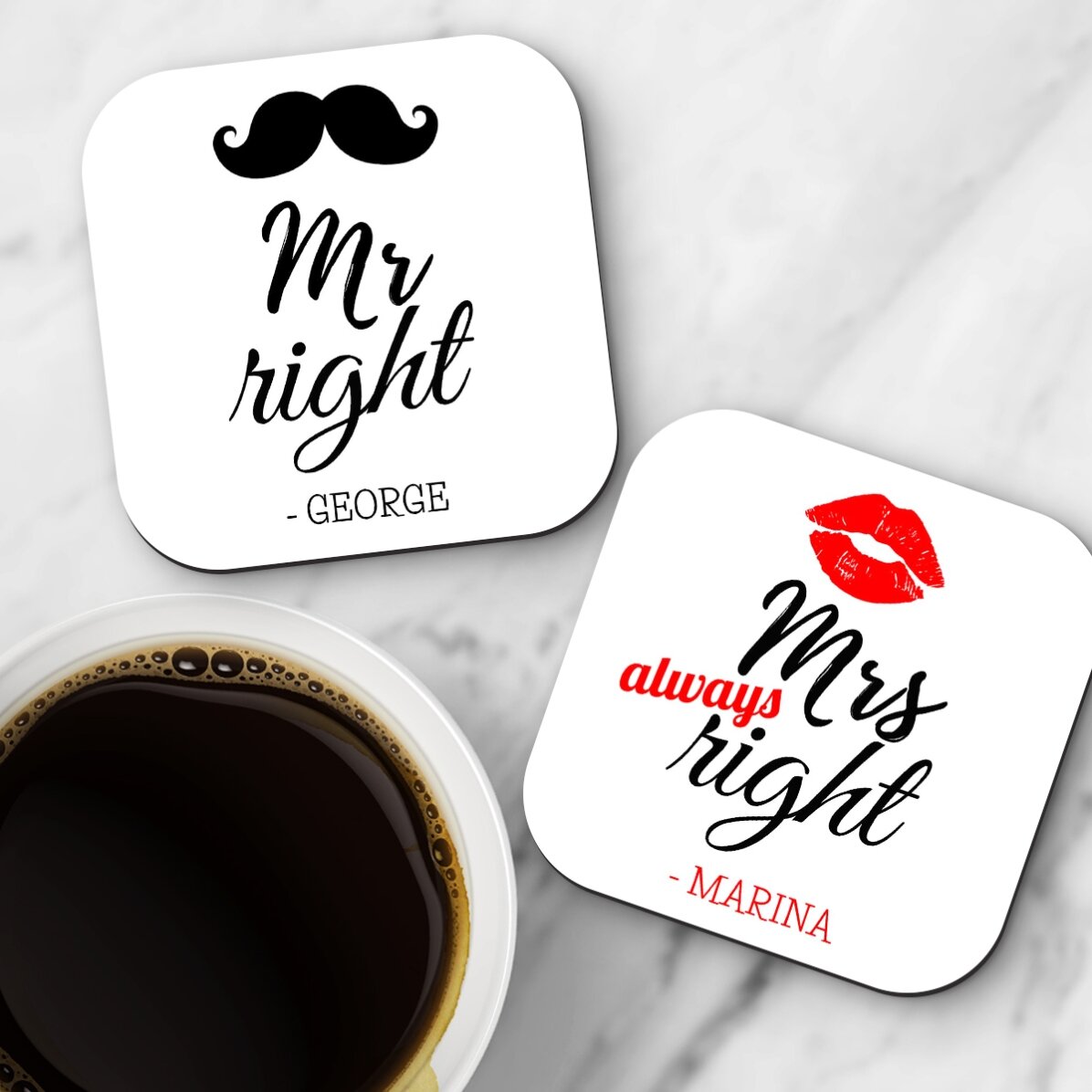 Lote de 2 posavasos personalizados con texto: «Mr and Mrs Right»