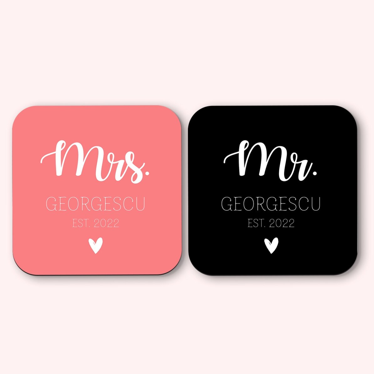 Juego de 2 posavasos personalizados con texto: «Mrs» y «Mr»