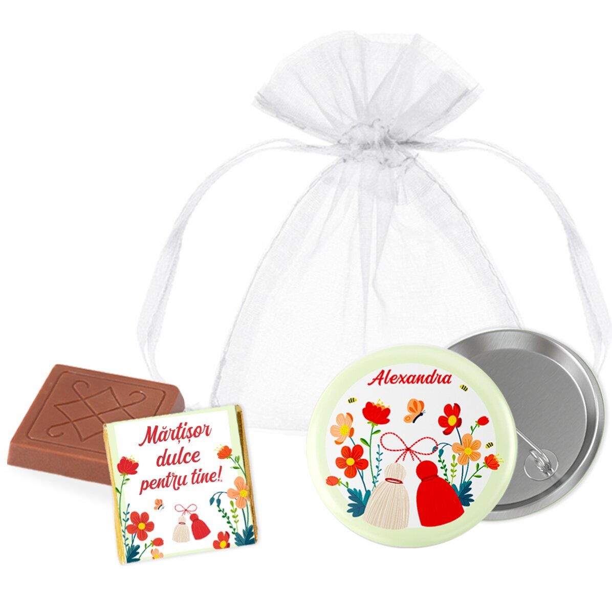 Set de regalo de Martisor con mini bombones y una insignia personalizada con nombre