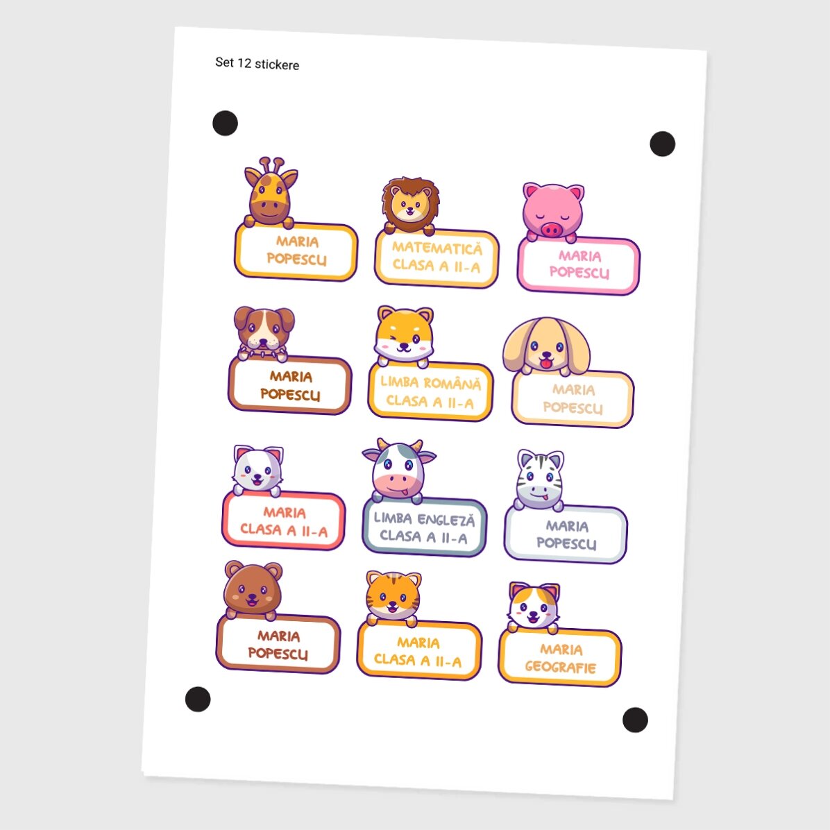 Lote de 12 pegatinas (etiquetas autoadhesivas) personalizadas para el colegio - Animalitos
