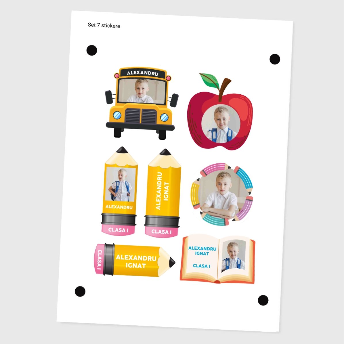 Lote de 7 pegatinas (etiquetas autoadhesivas) personalizadas para el colegio con 5 fotos y texto