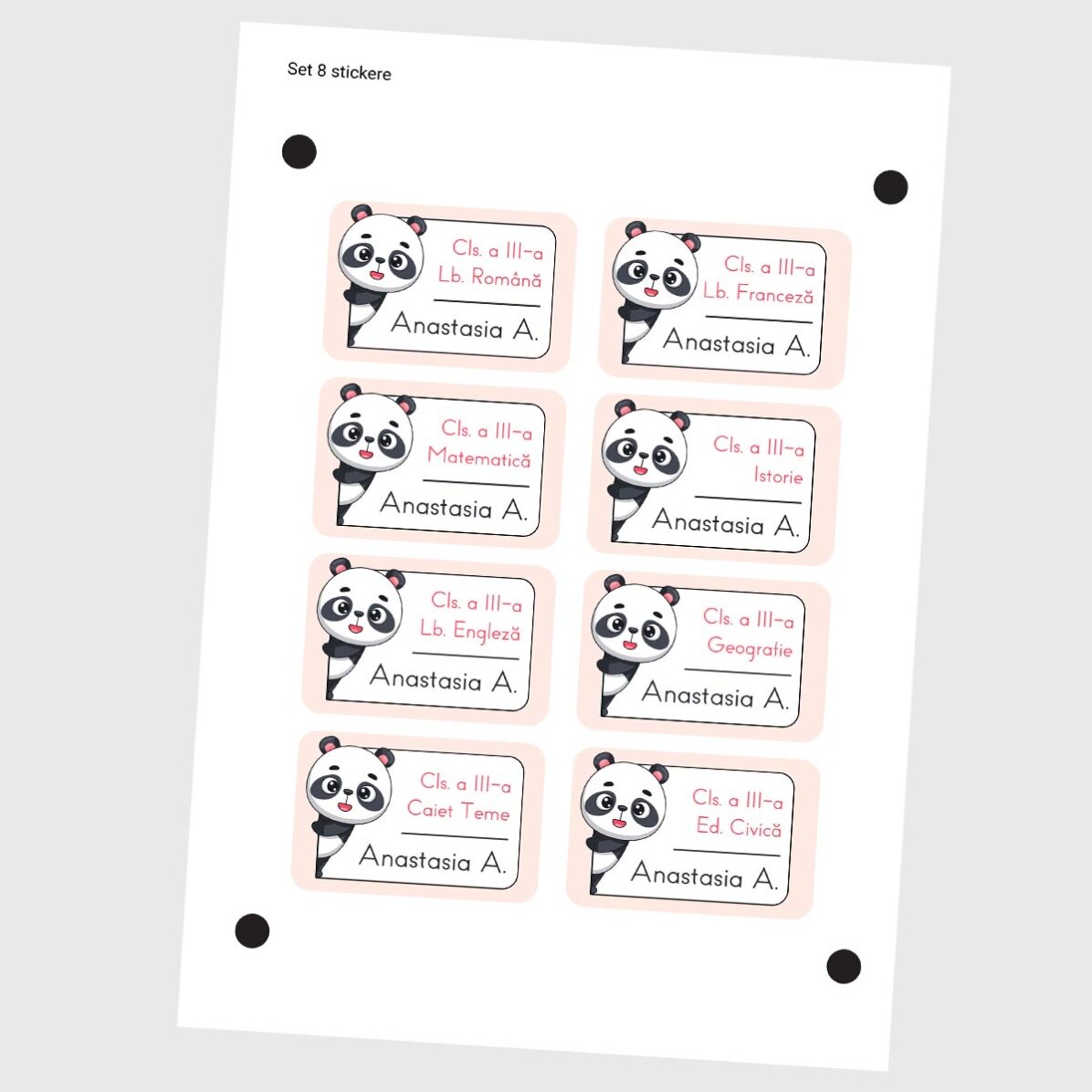 Set of 8 customised stickers (self-adhesive labels) for school - Panda