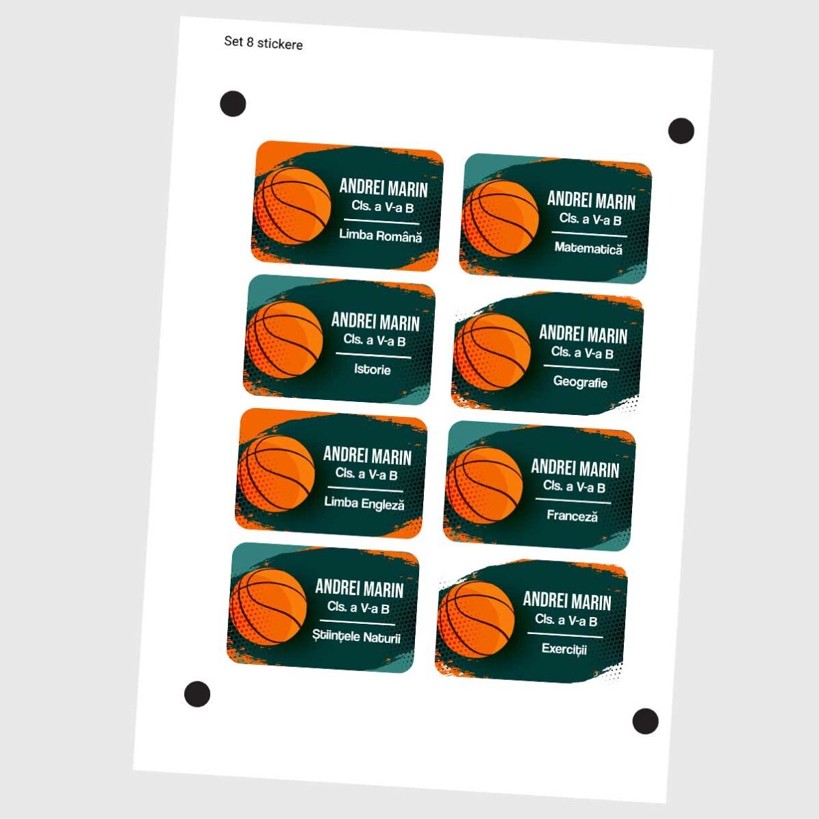 Lote de 8 pegatinas (etiquetas autoadhesivas) personalizadas para el colegio - Baloncesto