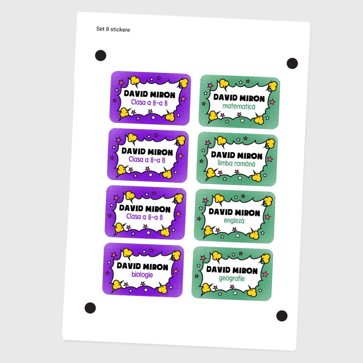 Lote de 8 pegatinas (etiquetas autoadhesivas) personalizadas para el colegio - Cómics