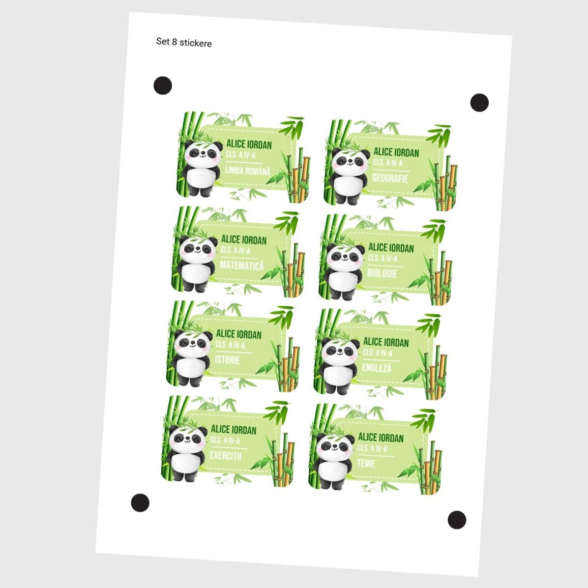 Set of 8 customised stickers (self-adhesive labels) for school - Cute Panda