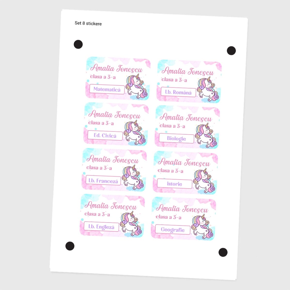 Lote de 8 pegatinas (etiquetas autoadhesivas) personalizadas para el colegio - Unicornio