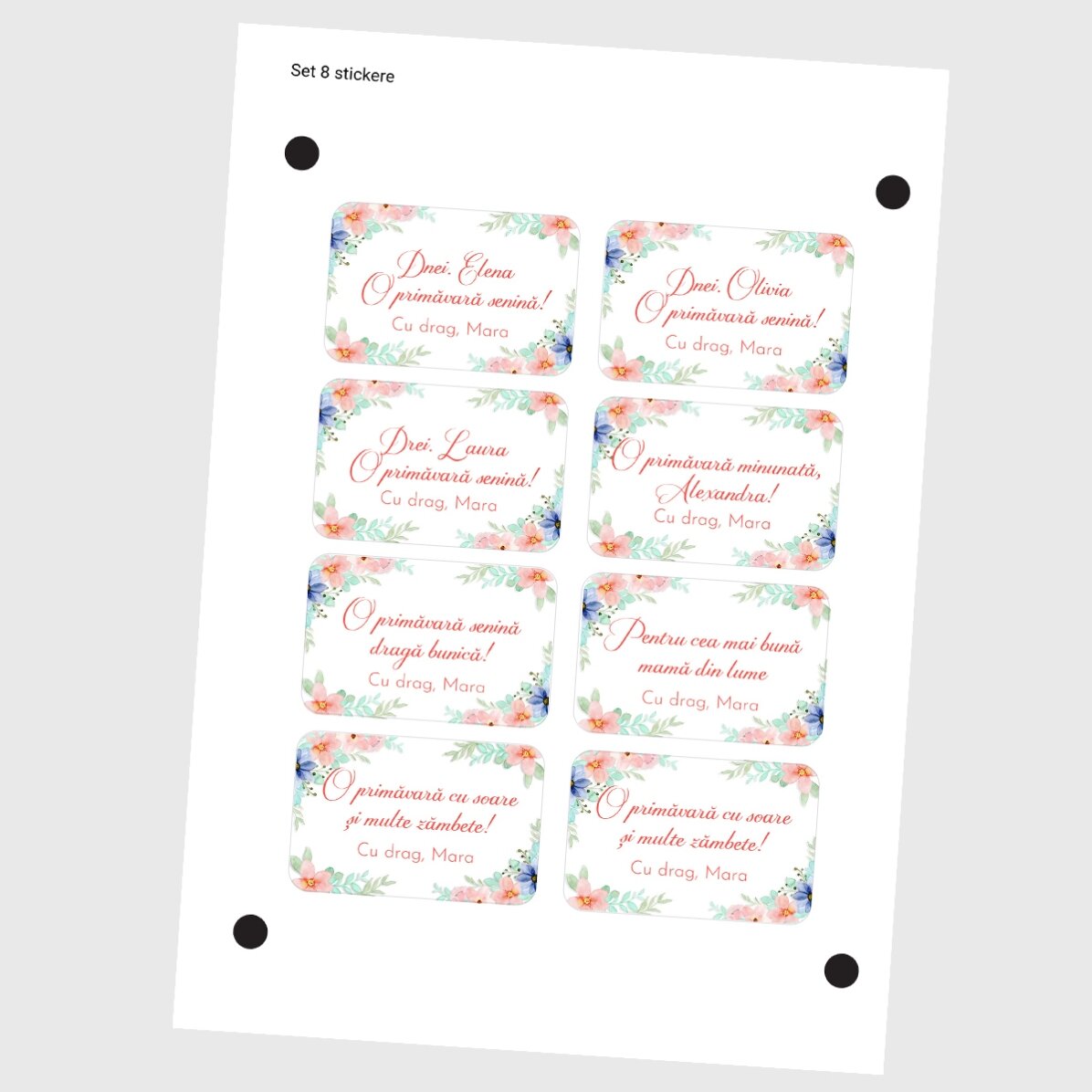 Lote de 8 pegatinas (etiquetas autoadhesivas) personalizadas con mensajes - Estilo floral