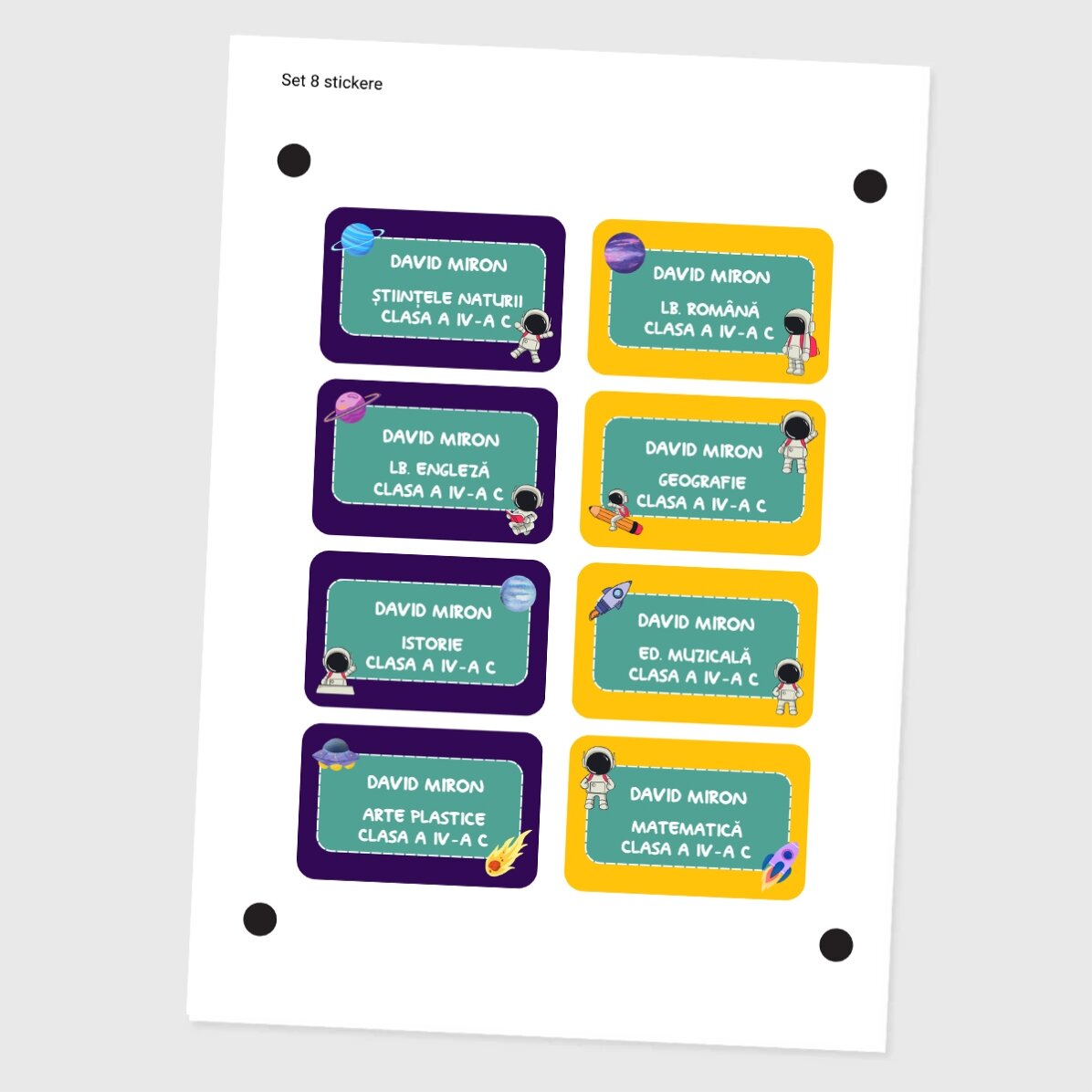 Lote de 8 pegatinas (etiquetas autoadhesivas) personalizadas para el colegio - Cosmos