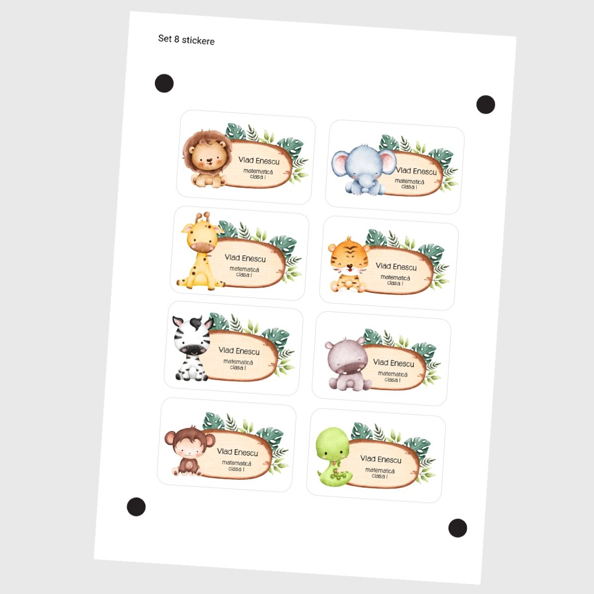 Lote de 8 pegatinas (etiquetas autoadhesivas) personalizadas para el colegio con texto: «Animalitos»