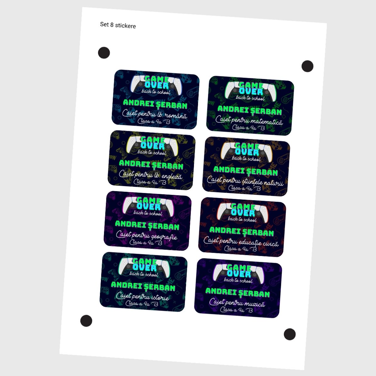 Set of 8 customised stickers (self-adhesive labels) for school with text - Game Over