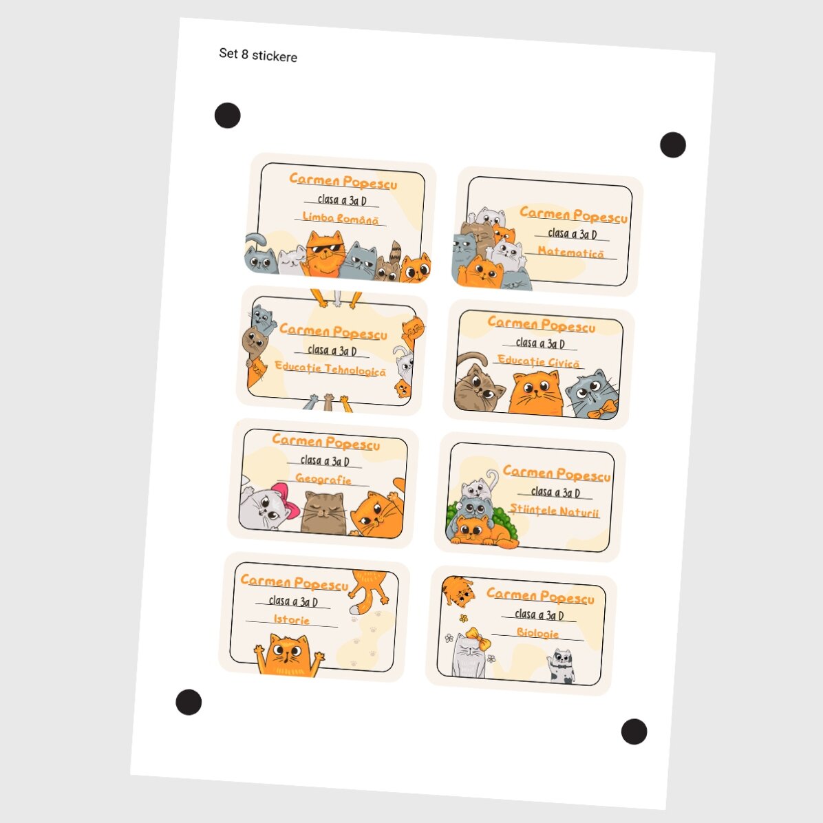 Lote de 8 pegatinas (etiquetas autoadhesivas) personalizadas para el colegio con texto: «Kittens»