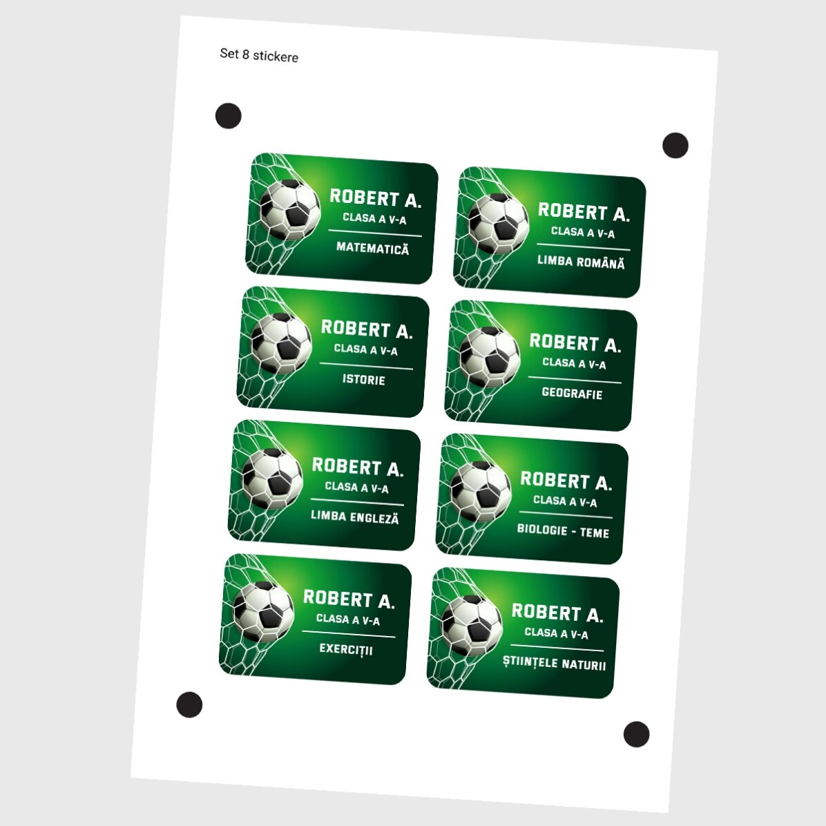 Lote de 8 pegatinas (etiquetas autoadhesivas) personalizadas para el colegio - Fútbol