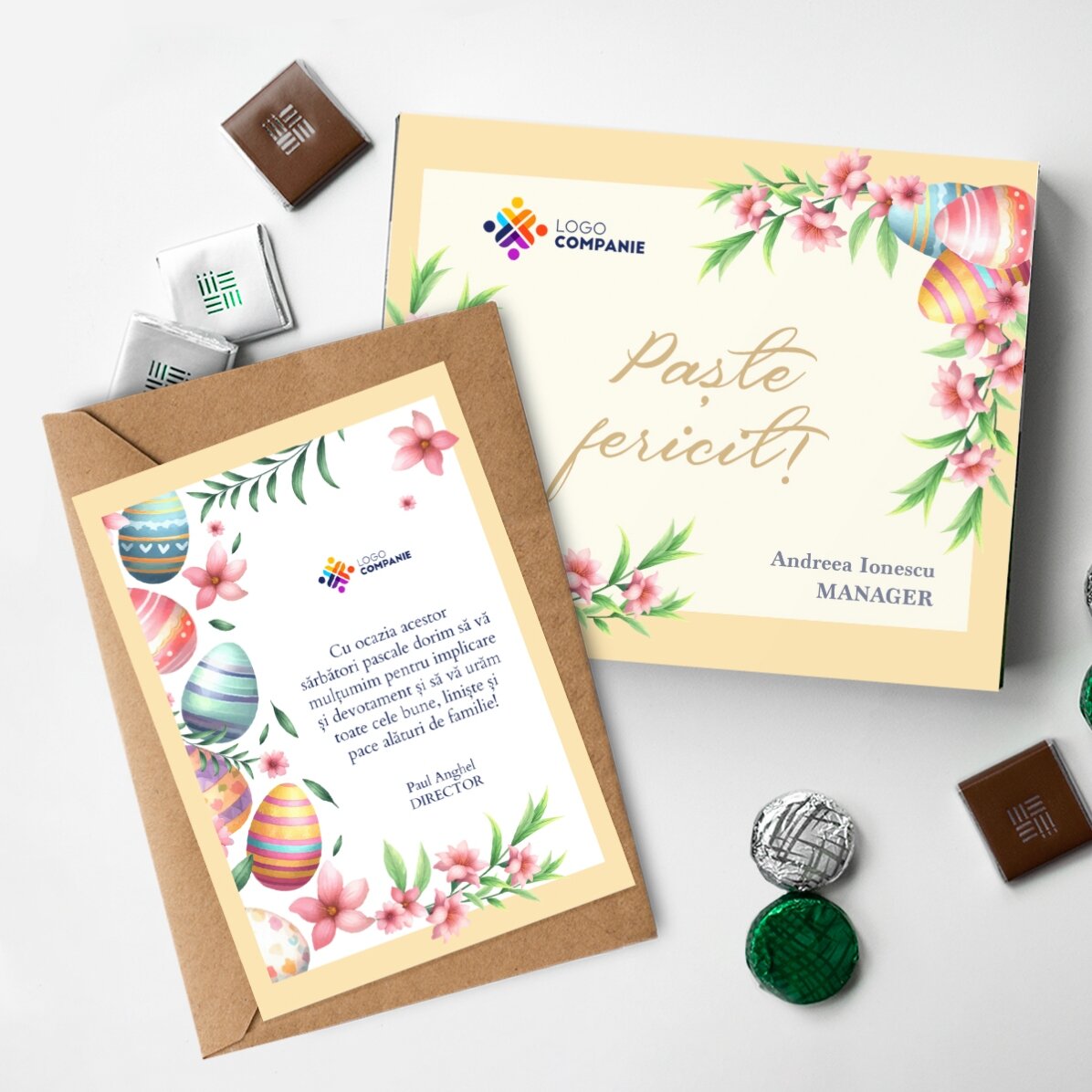 Lote personalizado con logotipo: caja de bombones y tarjeta. ¡Feliz Pascua!