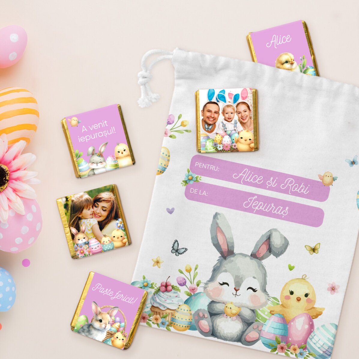 Set personalizado: bolsita y 5 minichocolates - De la iepuras