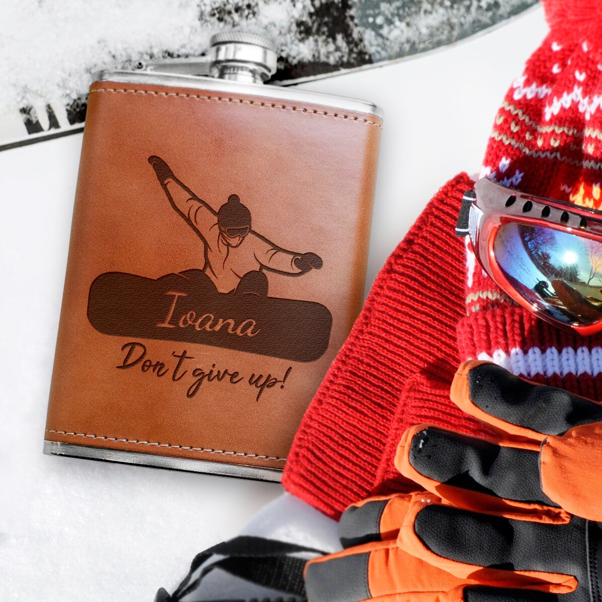 Botella de bolsillo forrada en piel, personalizada con nombre y mensaje - Snowboard