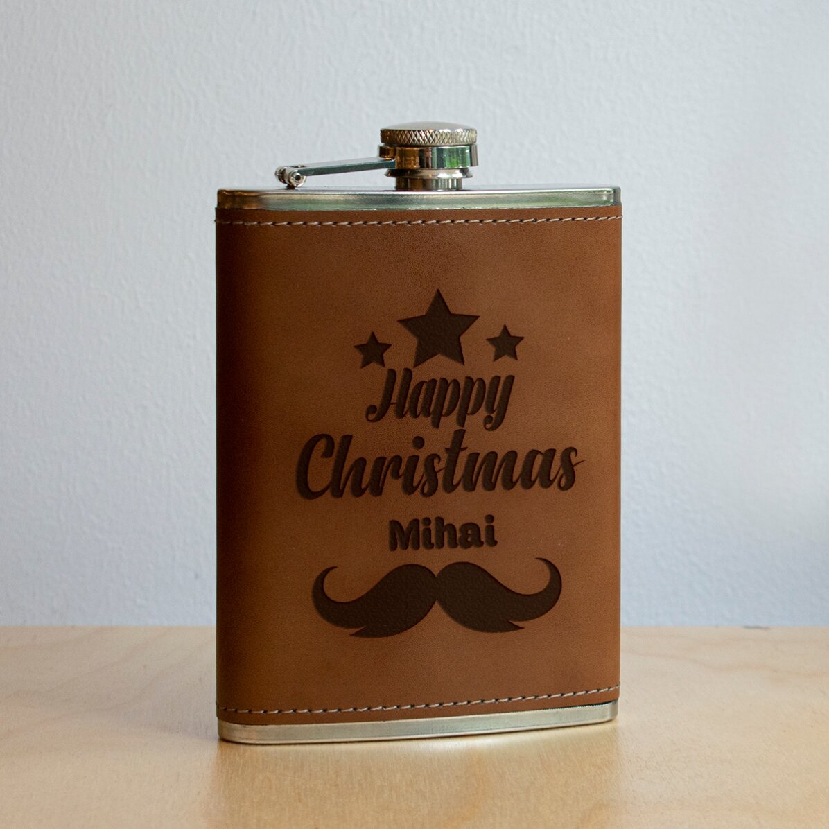 Botella de bolsillo personalizada forrada en piel - Feliz Navidad