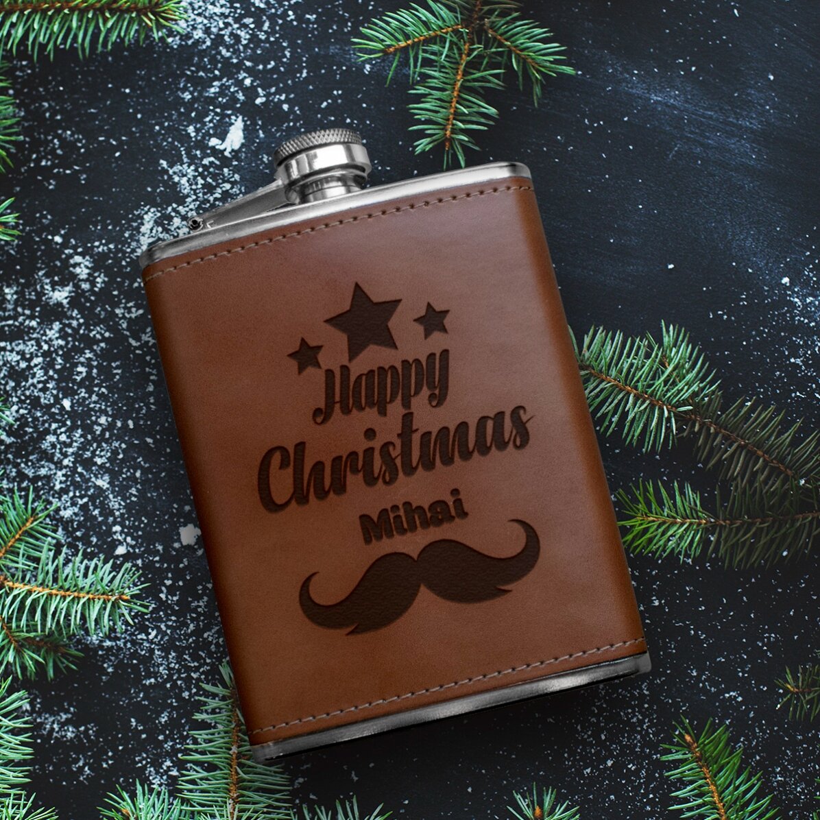 Botella de bolsillo personalizada forrada en piel - Feliz Navidad