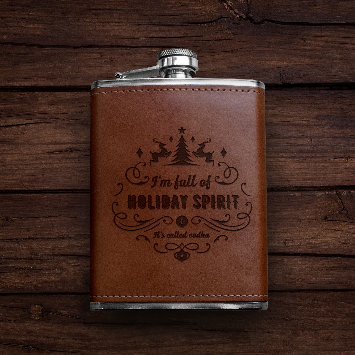 Personalised leather-covered pocket flask - Holiday Spirit