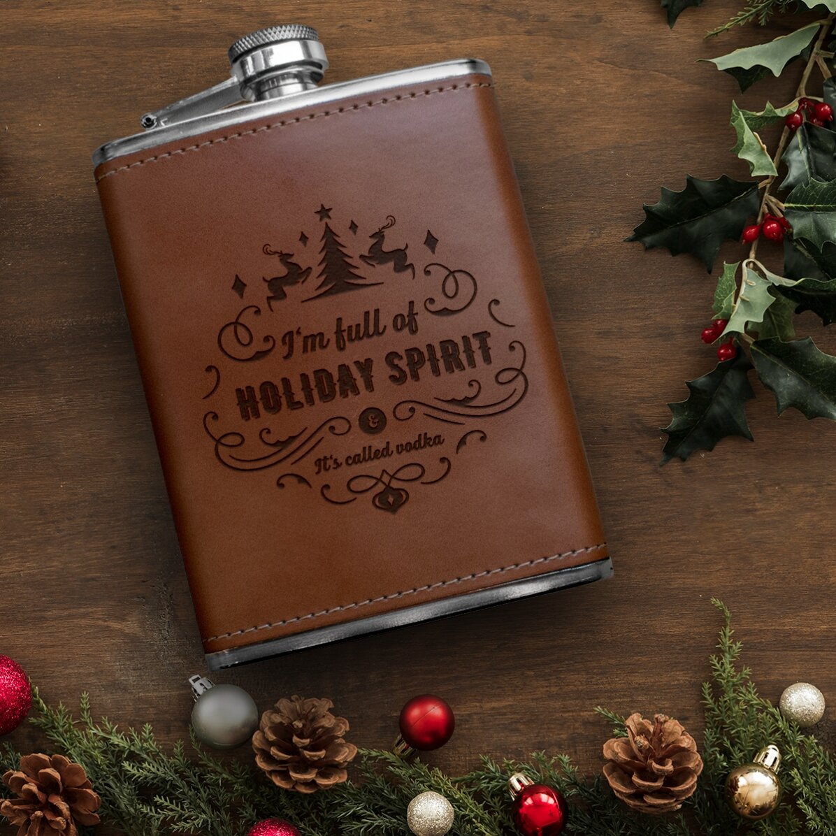 Personalised leather-covered pocket flask - Holiday Spirit