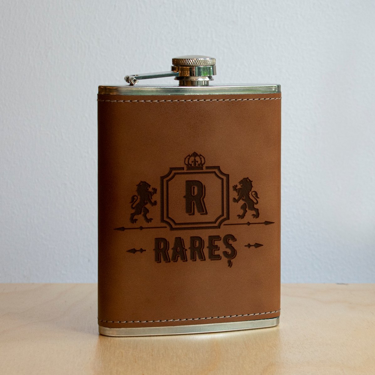 Personalised leather-covered pocket flask - Lion King