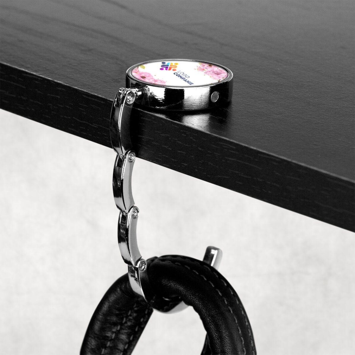 Soporte para bolso de mesa personalizado con logotipo y diseño floral