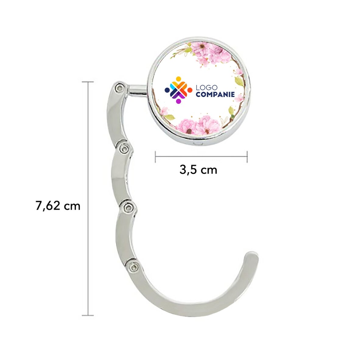 Soporte para bolso de mesa personalizado con logotipo y diseño floral