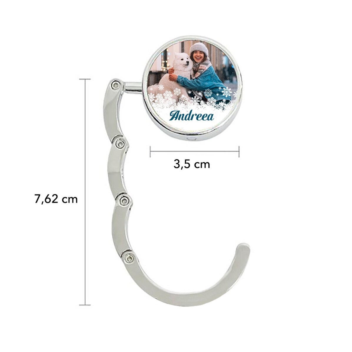 Soporte para bolso de mesa personalizado con una foto y un nombre - Copos de nieve