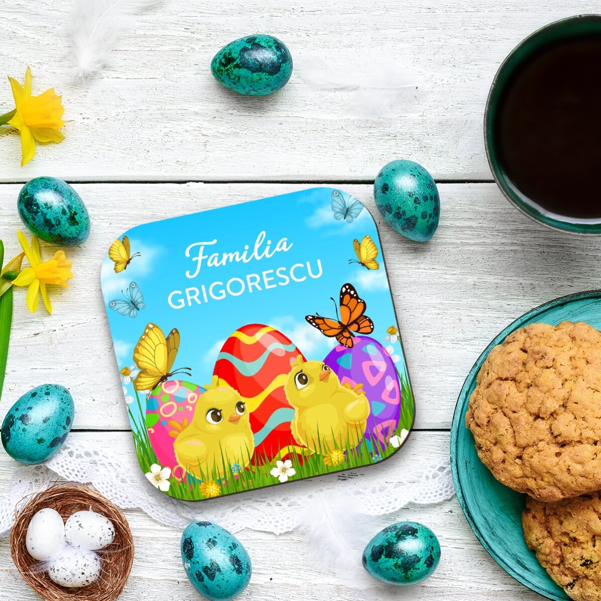 Posavasos personalizado con texto: «Feliz Pascua»