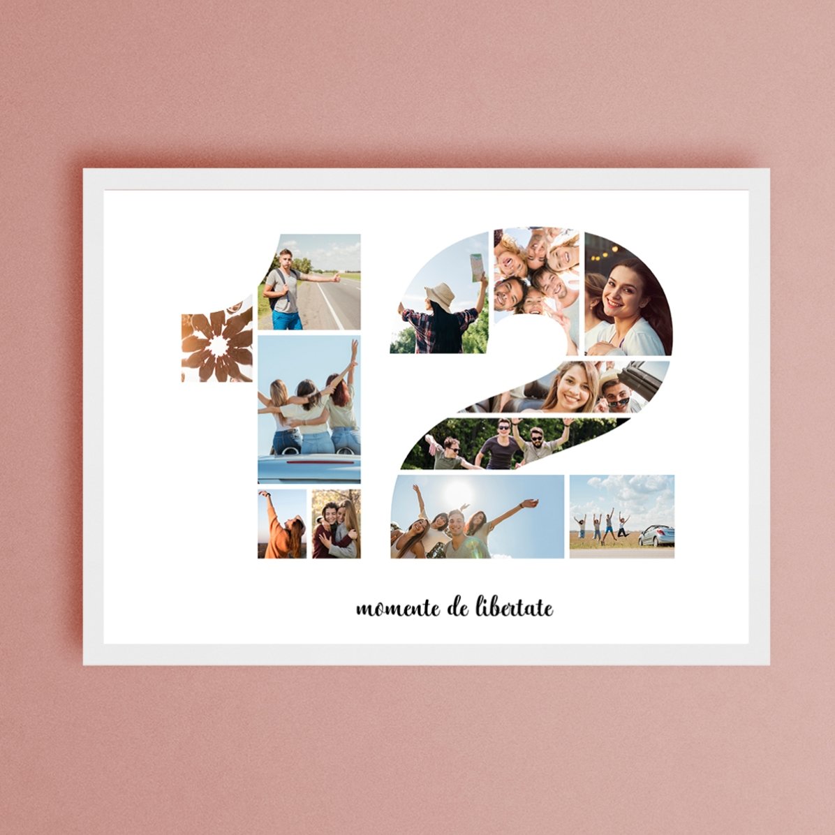 Cuadro paisajístico personalizado con 12 fotos, modelo número 12, y mensaje de texto