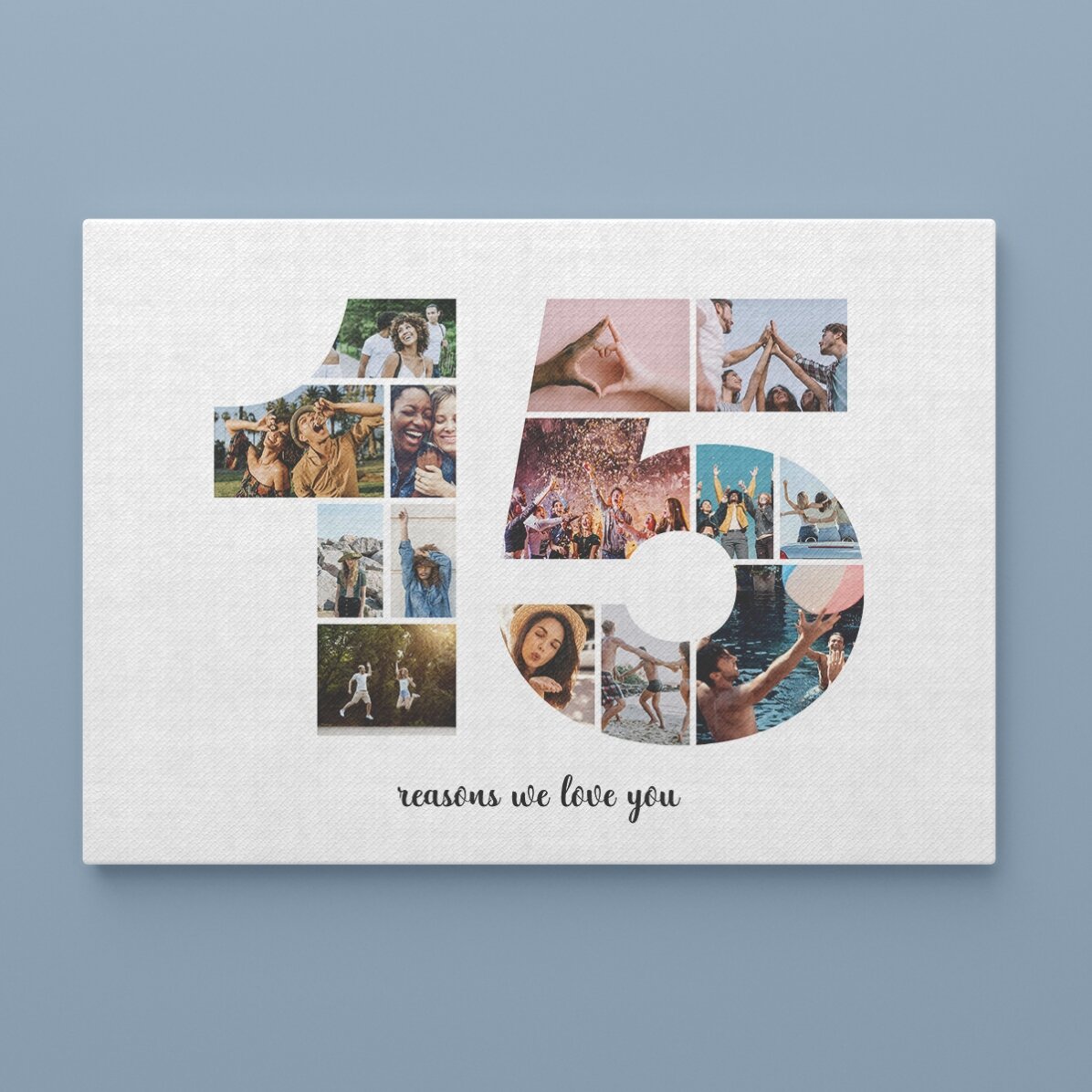 Personalised landscape canvas with 14 photos, model number 15 and text message