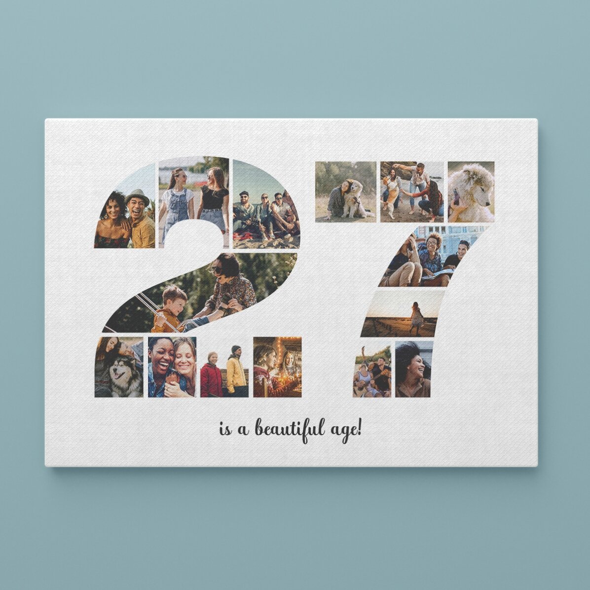 Cuadro paisajístico personalizado con 15 fotos, modelo n.º 27, y mensaje de texto