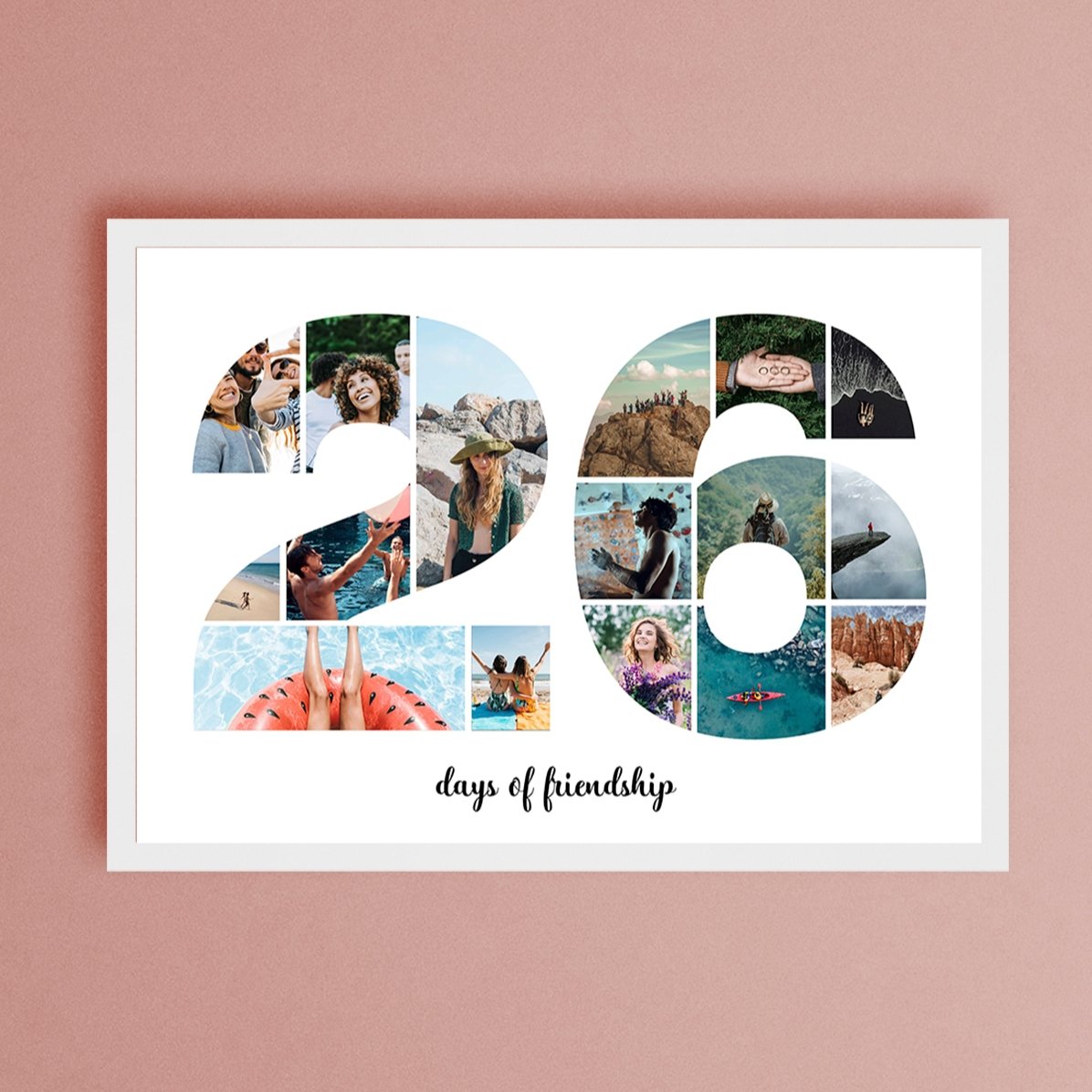 Cuadro paisajístico personalizado con 16 fotos, modelo n.º 26, y mensaje de texto