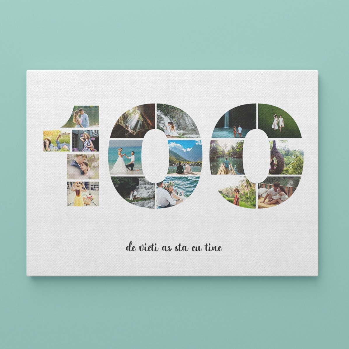 Cuadro paisajístico personalizado con 17 fotos del modelo número 100 y un mensaje de texto