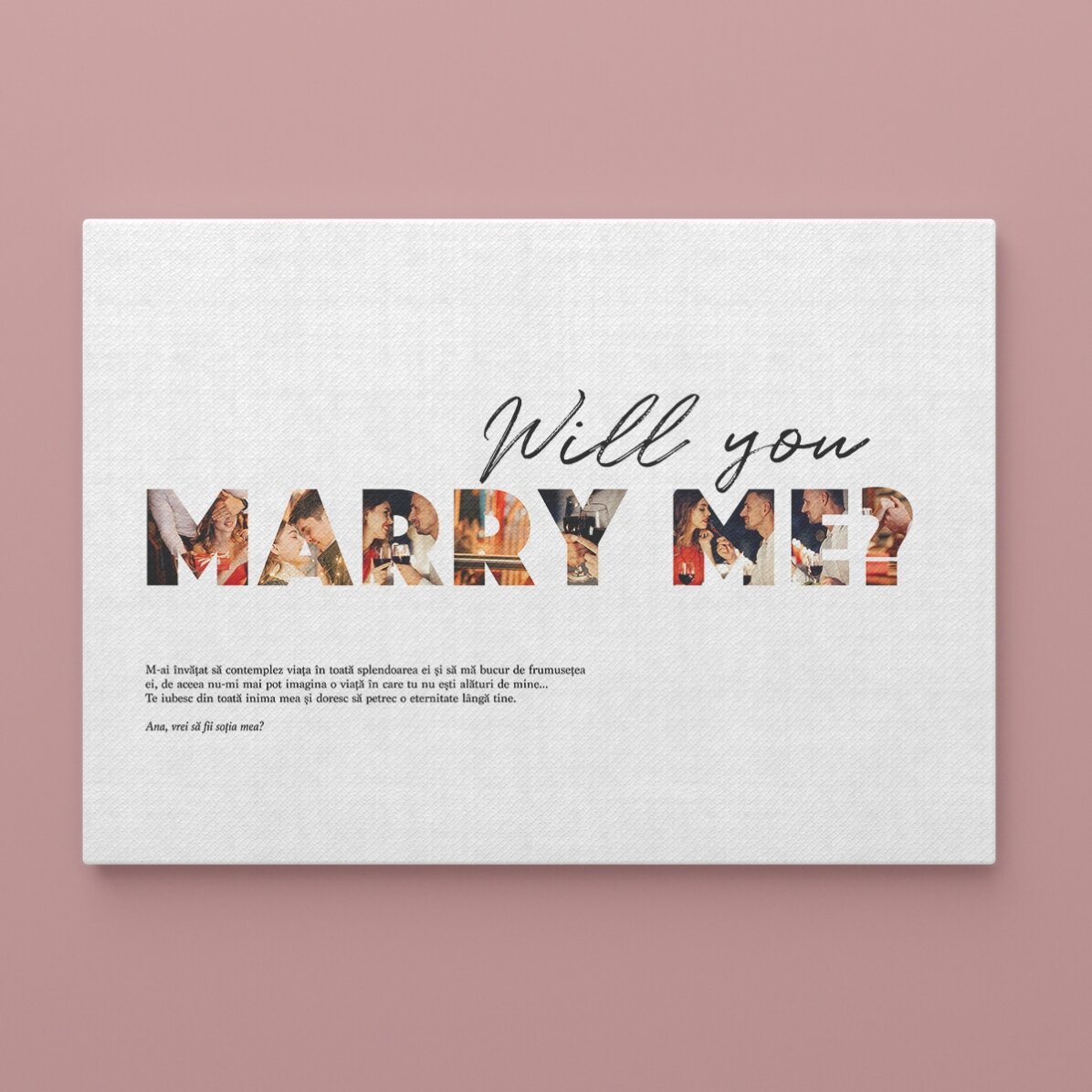 Cuadro personalizado en formato apaisado con 8 fotos y texto: «¿Quieres casarte conmigo?»