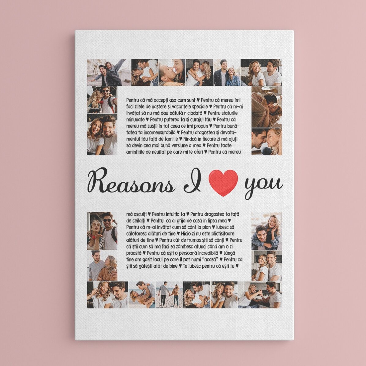 Cuadro personalizado con 20 fotos y texto: «Razones por las que te quiero»
