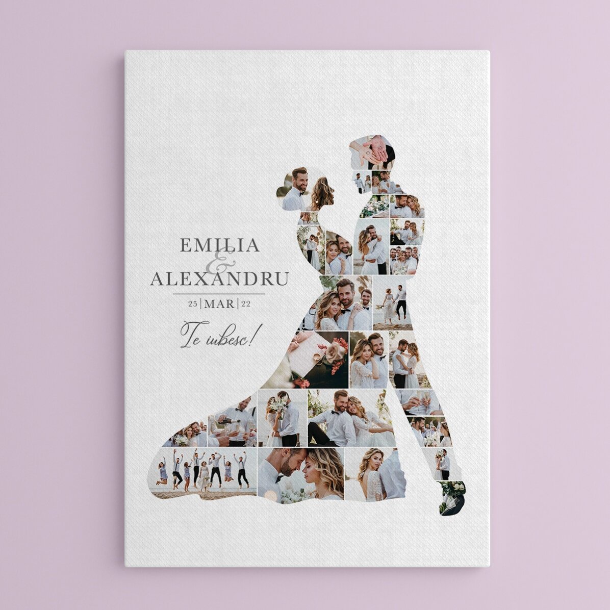 Cuadro personalizado con 28 fotos y texto para la boda: los novios