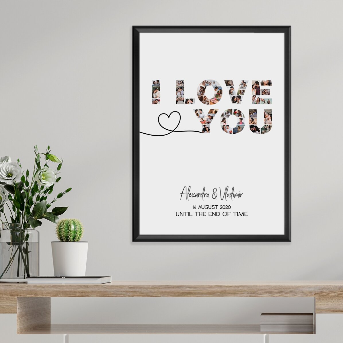 Cuadro personalizado con 39 fotos y un texto: «Te quiero»
