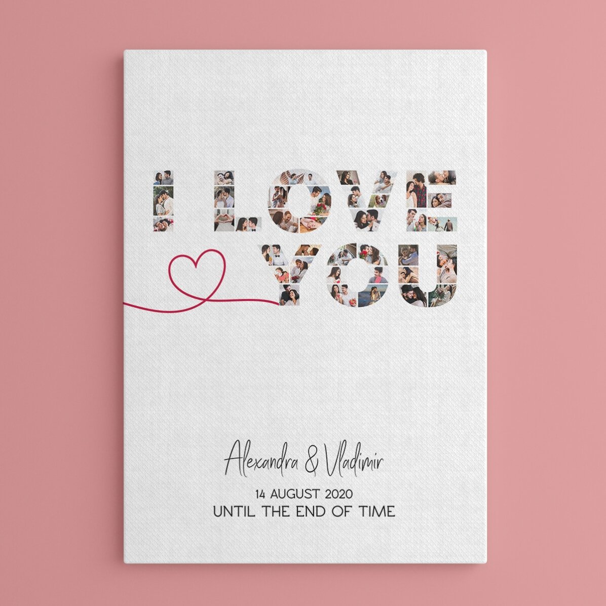 Cuadro personalizado con 39 fotos y un texto: «Te quiero»